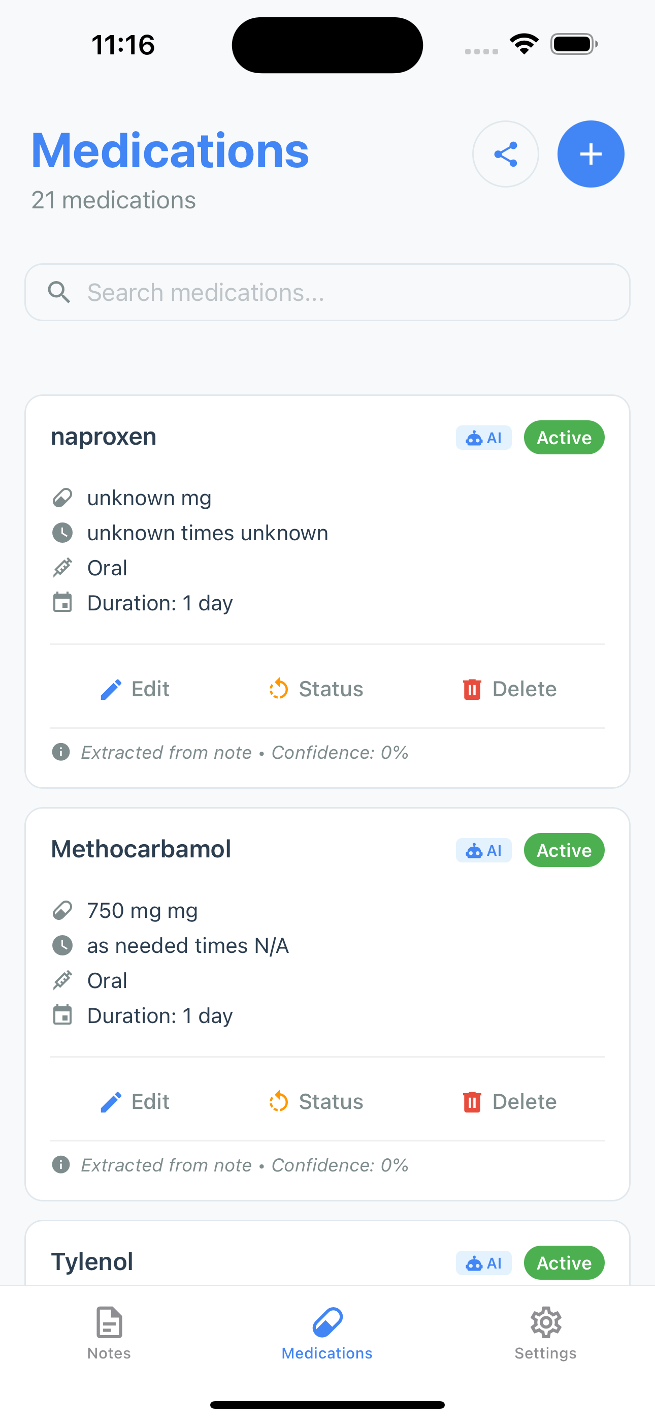 Medication tracking screen showing detailed medication management