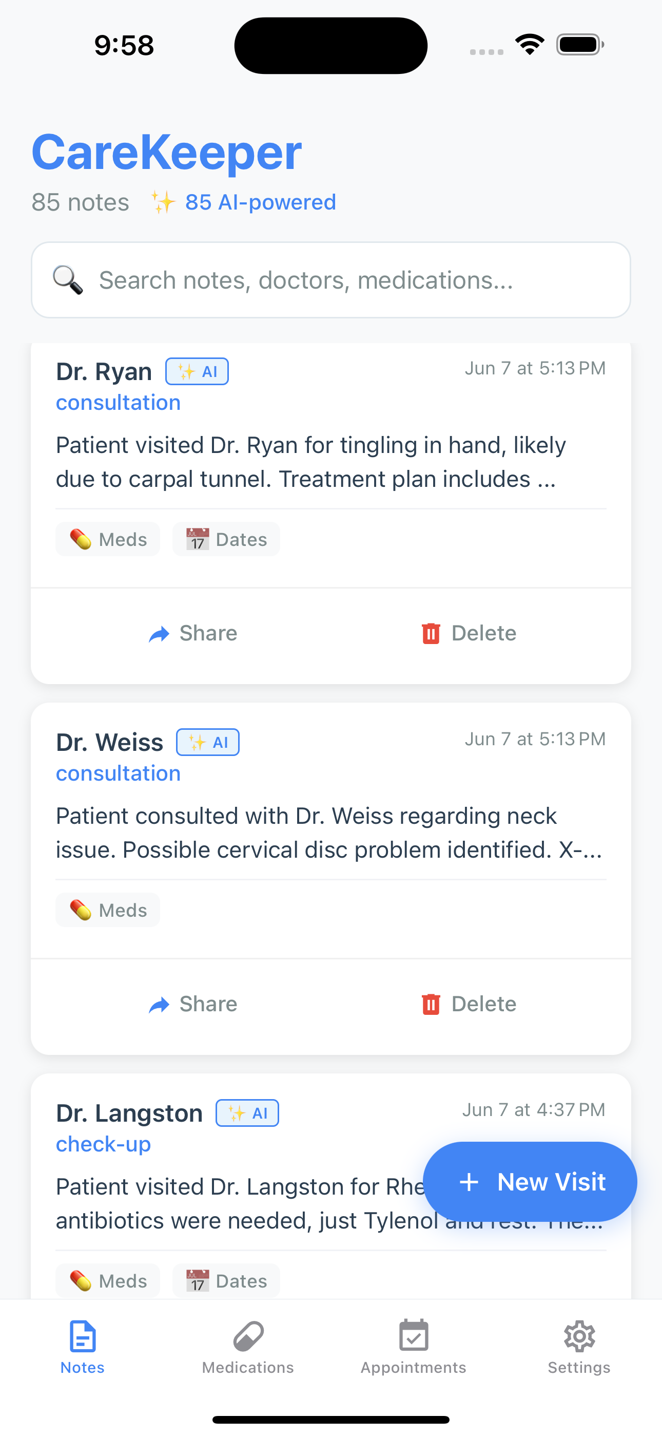 Organized medical notes showing consultations and AI processing