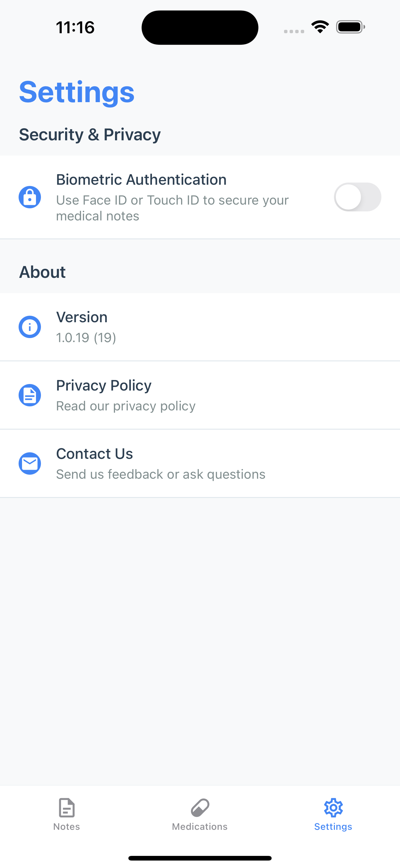 Security settings showing biometric authentication and privacy controls