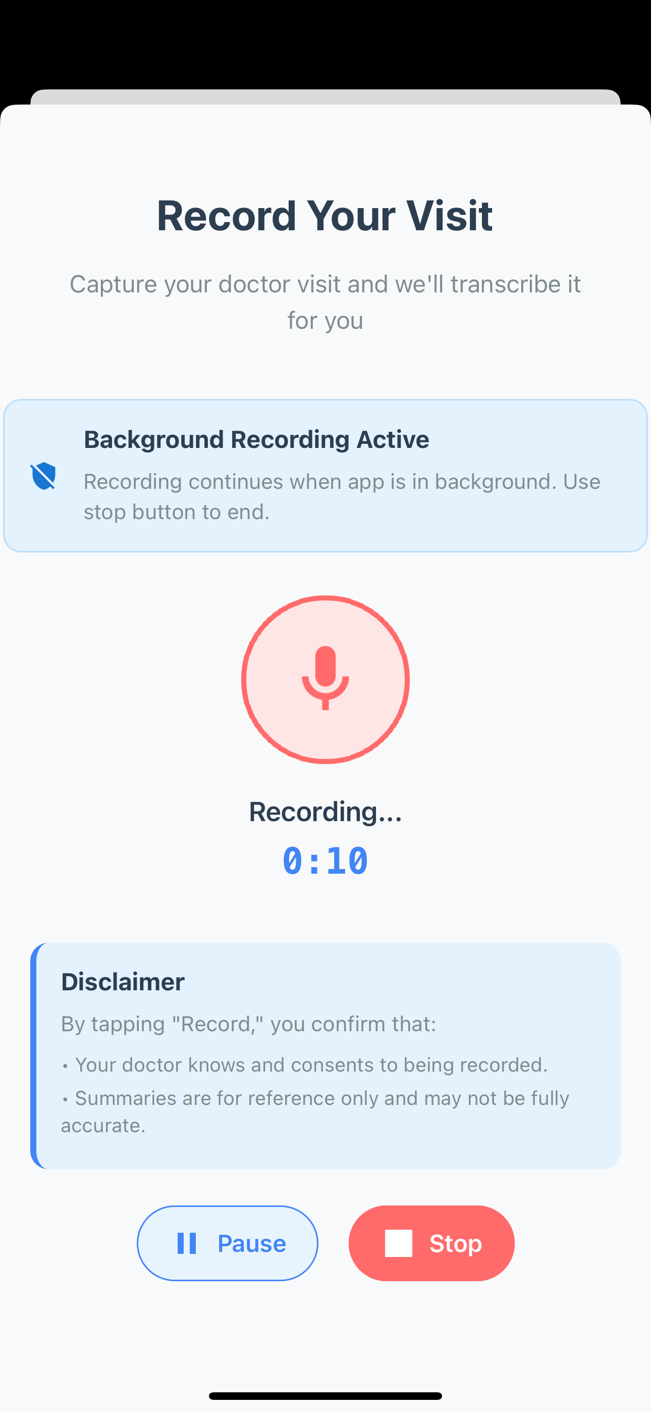 CareKeeper voice recording interface showing active consultation capture